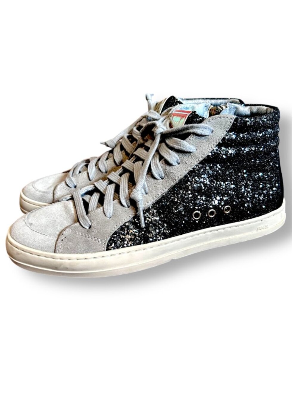 P448 Women's Hi-Top Sneakers in Black Glitter and Gray Suede